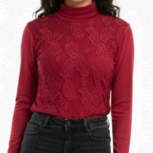 Elegant Red Lace Turtleneck Top