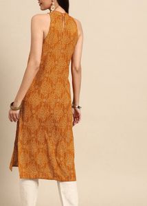 Mustard Sleeveless Bandhani Print Straight Kurta