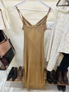 Tan Midi Dress with Tie Detail