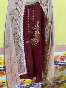 Wedding Wear Maroon Kurti Dupatta Set