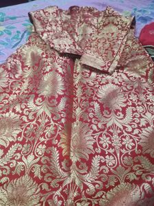 red and off white colour banarasi suit