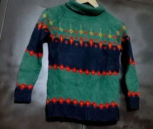 Green & Navy Blue Printed Sweater For 4-5 Year Boy