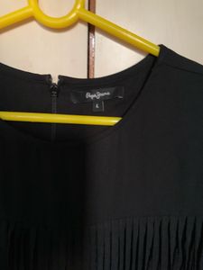 Pepe Jeans Black Solid Fringed Top