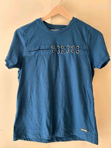 Teal Blue Eyelet Detail T-Shirt