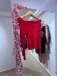 Red Off-Shoulder Knit Top