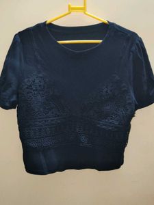 Navy Lace Detail Crop Top