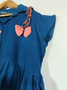 Teal Blue Printed Collar Neck Dress (Girls)
