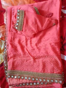 Pich Colour Mirror Work Saree
