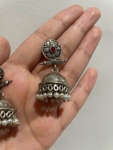 Silver Oxidised Stone Detailing Jhumkas