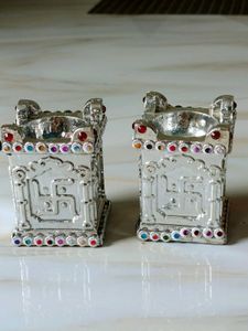Silver Plated Swastik Unique Diya Set