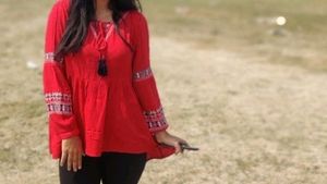 Red Peasant Blouse with Embroidered Sleeves