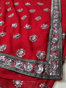 Red &amp; Oxidised Silver Embellished Saree