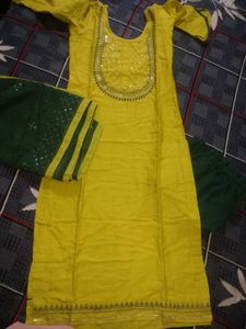 Yellow Embroidered Kurta with Green Dupatta