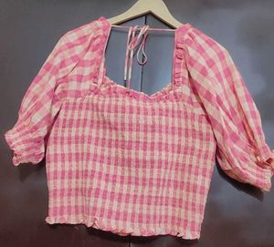 Pink Check Printed Crop Top For 34 Bust