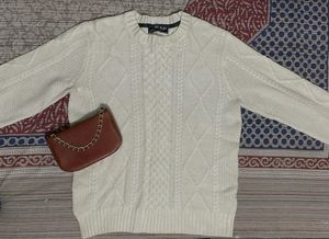 White Cable Knit Sweater with free gift hand bag