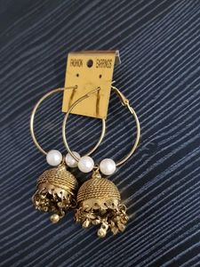 Antique Gold Hoop Jhumkas with Pearl Beads