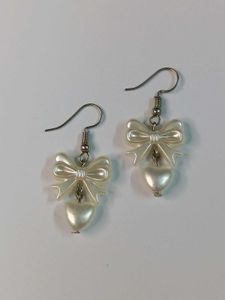 Trendy Handmade Pearl Bow Earrings with Heart