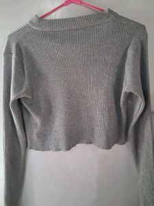 Gray Ribbed Cropped Cardigan