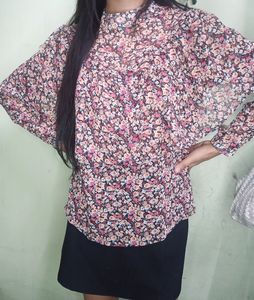 Red Floral Print Front Gathered Shirt