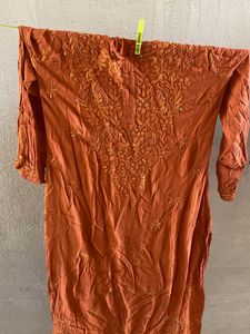 Rust Orange Rayon Mukaish Chikankari Kurta