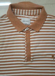 (Size~XL)Brown and white striped polo t-shirt🍋‍🟩