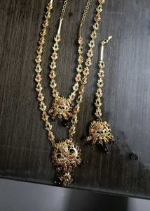 Gold Plated Long Haram Neck Set With Maang Tika