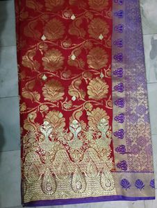 Red &amp; Gold Silk Saree with Peacock Border