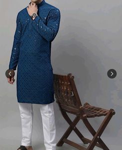 Men's Blue Embroidered Kurta And Pyjama
