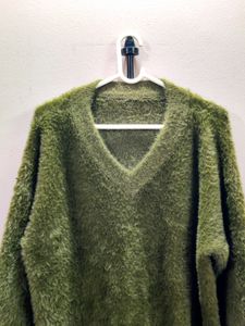 Premium imported green mohair-blend v-neck sweater