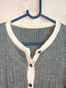 Ladies Winter Fashion Cardigan Ribbed Sweater Grey