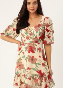 Cream-Coloured &amp; Maroon Floral Printed Dress