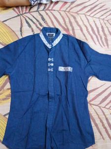 Blue Patterned Mandarin Collar Shirt