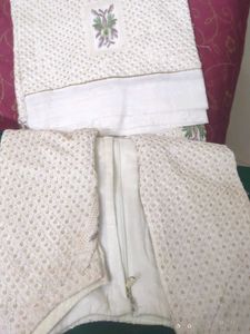 Off White Straight Kurta Set-Sequins And embroider