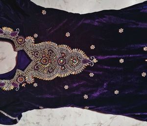 Heavy Work Purple Velvet Embellished Kurti
