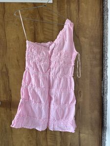 Cute Pink one shoulder Ruffled Mini Dress