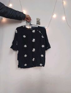 Black Floral Embroidered bell sleeves top