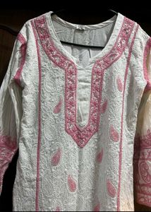 White &amp; Pink Chikenkari Cutdana Work Kurta