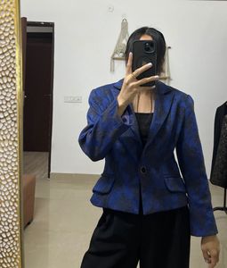 Royal Blue Paisley Print Fitted Blazer