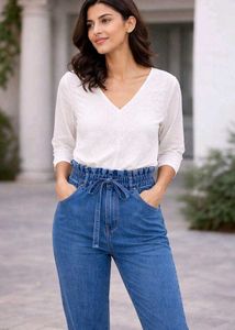 Stylish Blue Paper Bag Waist Jeans