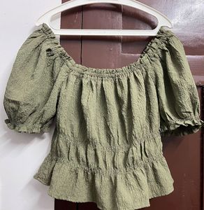 Y2k Olive Green Puff Sleeve Top