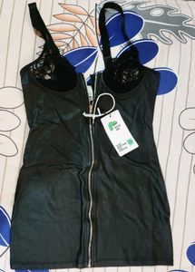 Lace Bustier Zipper Pu Mini Dress