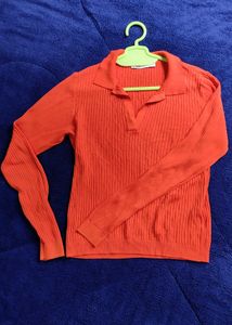 Zara Orange Ribbed Polo Top