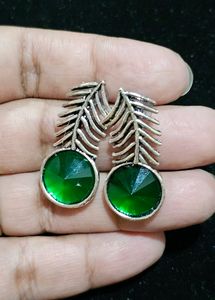 Silver Look alike Earrings With Green Stone