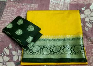 New Yellow Silk Saree With Hand Weaving Work