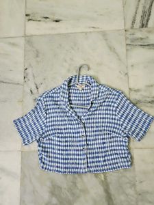 Blue Gingham Cropped Button-Down