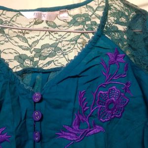 Embroidered Teal Top
