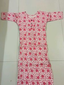 White And Pink Printed A Line Long Kurti