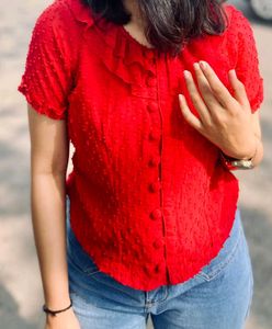 Red Ruffled Swiss Dot Blouse