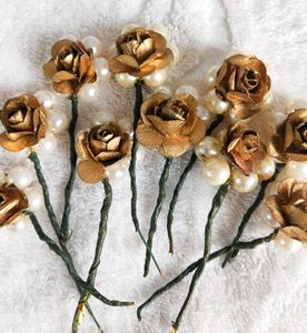 Gold Rose &amp; Pearl Hair Pins