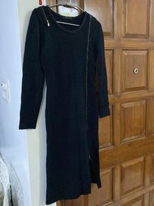 Chic Black Bodycon Woolen Dress